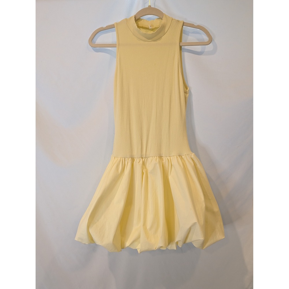 Yellow Ribbed Mock Neck Bubble Hem Mini Dress Sleeveless Drop Waist Small